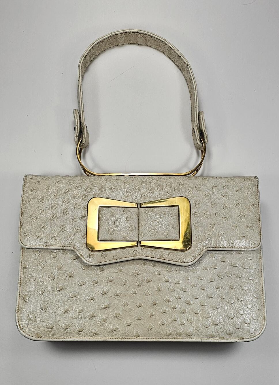 Vintage 1960s Mam’selle New York Cream Ostrich Embossed Top Handle Handbag Clasp